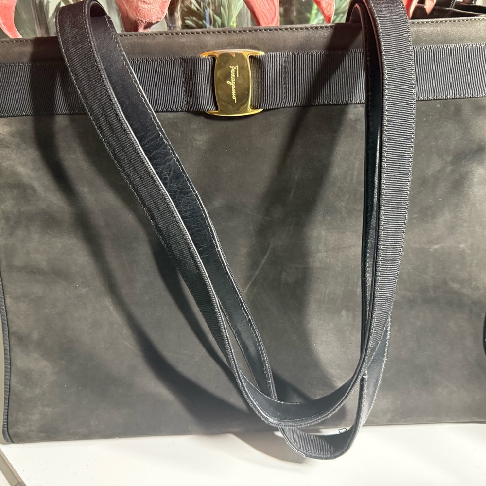 Salvatore Ferragamo Black Suede Tote with Gold Accent